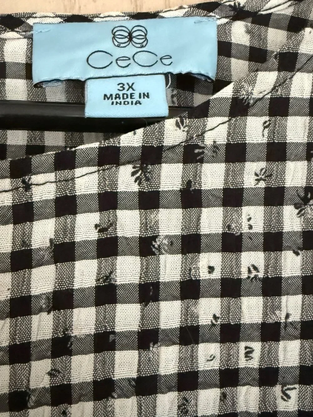 CeCe Tie Sleeve Gingham Top Sz 3X Black Check 3/4 Puff Sleeve Cottagecore Office - Picture 7 of 8